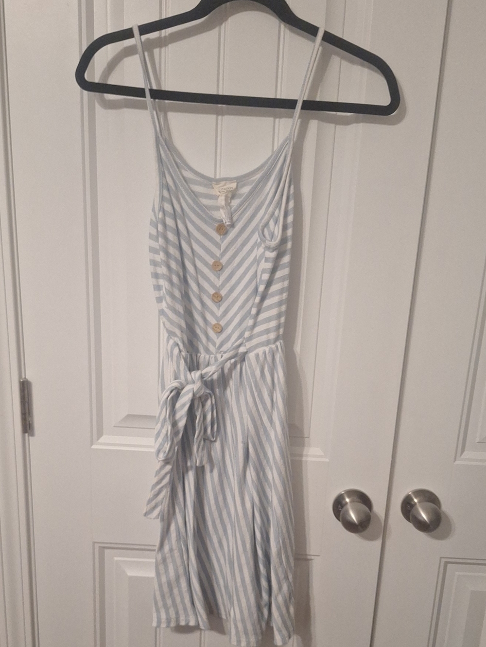 Caution To The Wind Light Blue & White Striped Tie-Waist Midi Dress